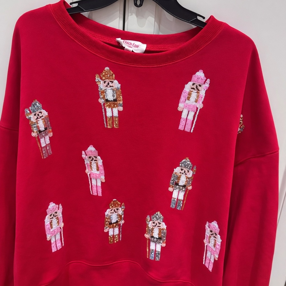 Red Sweatshirt with Sequin Nutcracker Embroidery - image 1